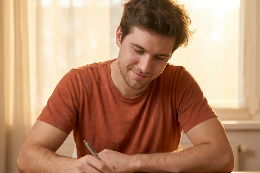 The same man at an organized desk, focused and calm with a clear plan