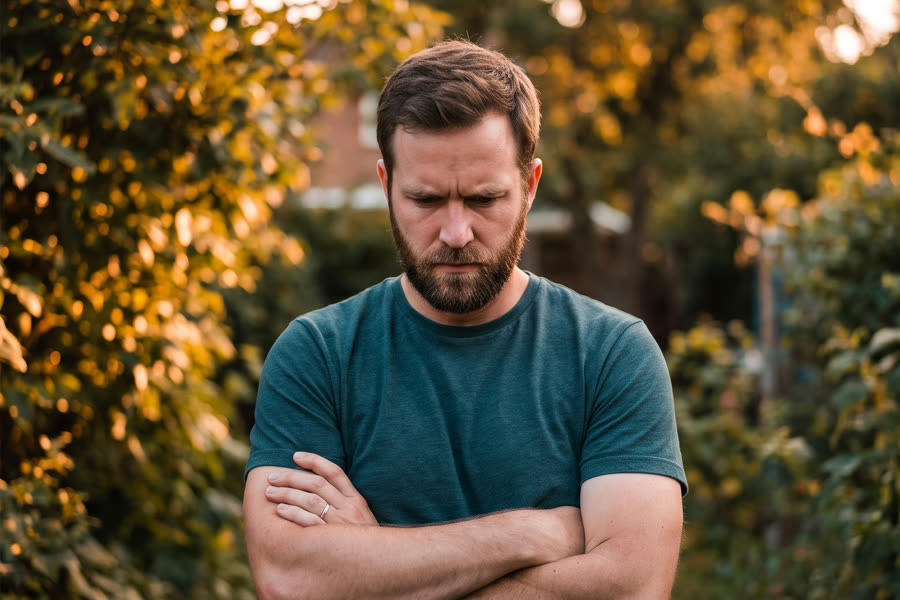 A man stands in his backyard with arms crossed tightly, jaw set
