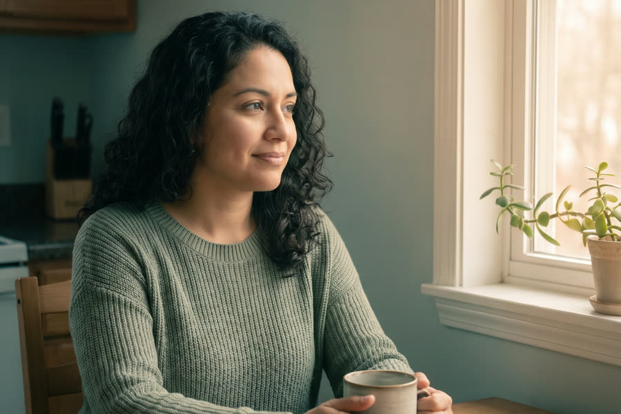 The same woman at the same table, relaxed and at ease in warm morning light