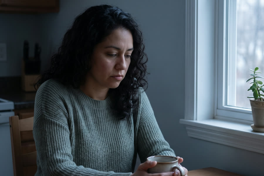 A woman sits at her kitchen table in dim morning light, holding a mug with tense shoulders
