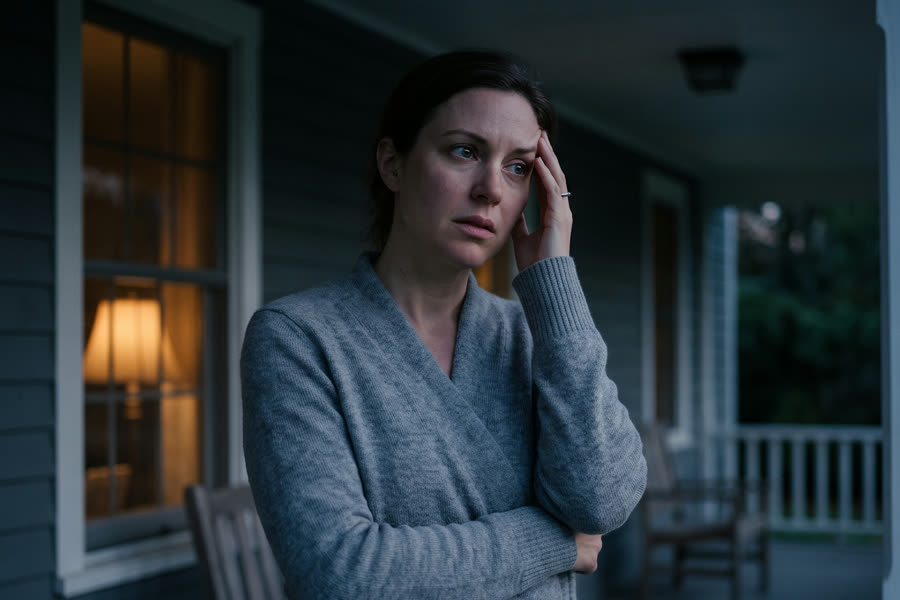 A woman stands restless on her porch at dusk, hand at her temple