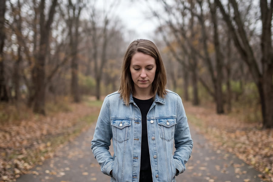 A woman walks a tree-lined path with her head down, preoccupied