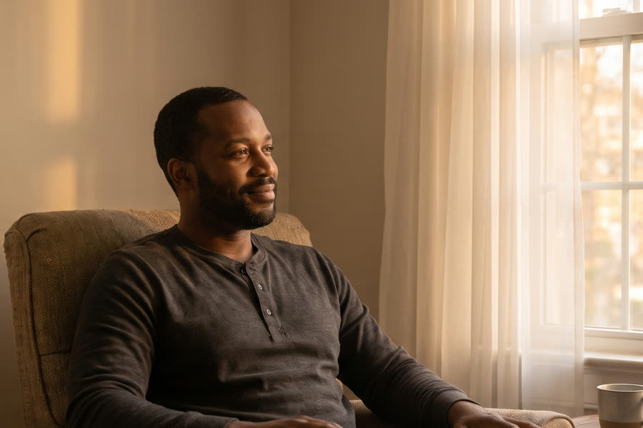 The same man sitting upright by open curtains in warm morning light, quietly smiling