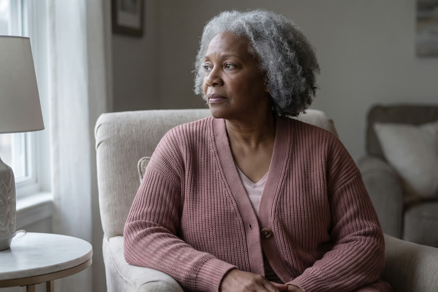 An older woman gazes toward the window from her armchair, hands folded