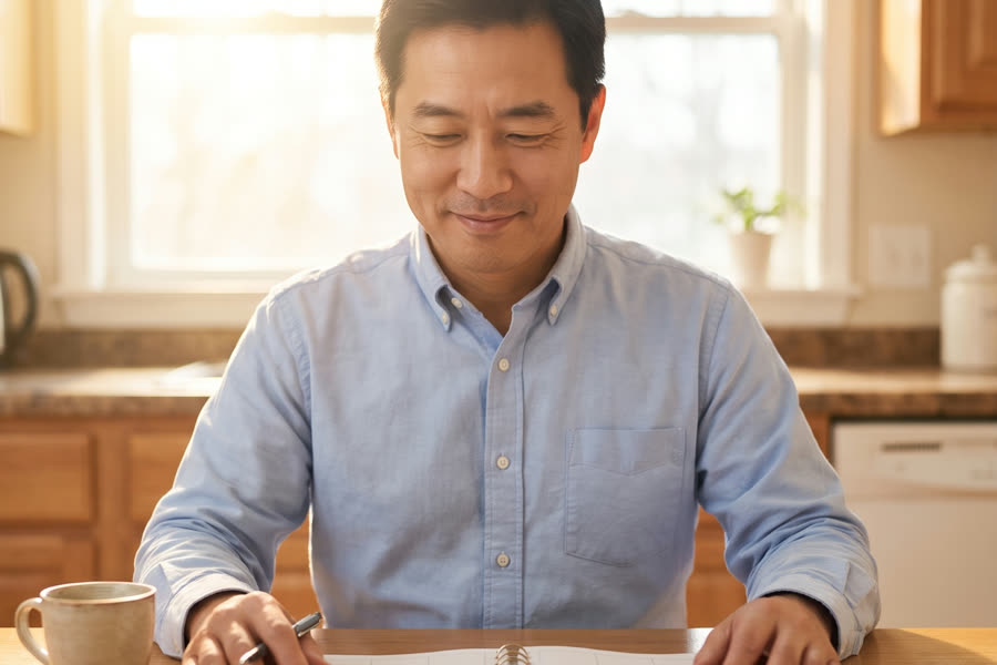 The same man calmly reviewing one neat planner with a coffee, settled and confident