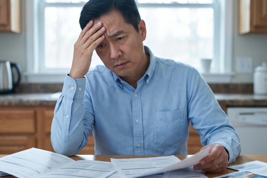A man rubs his forehead at a kitchen table scattered with confusing paperwork