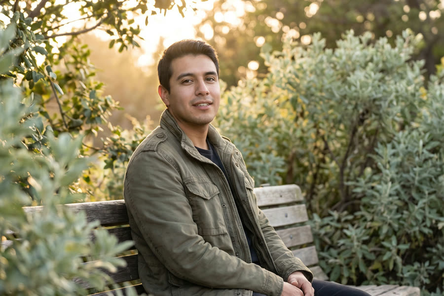 The same man on the same bench in soft sunlight, relaxed and quietly smiling