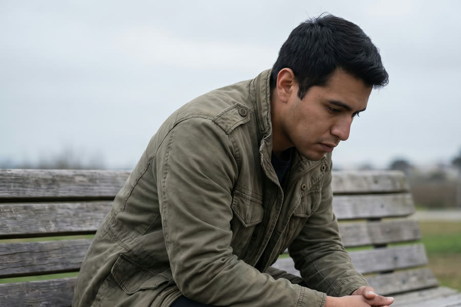 A man sits hunched forward on a park bench under an overcast sky