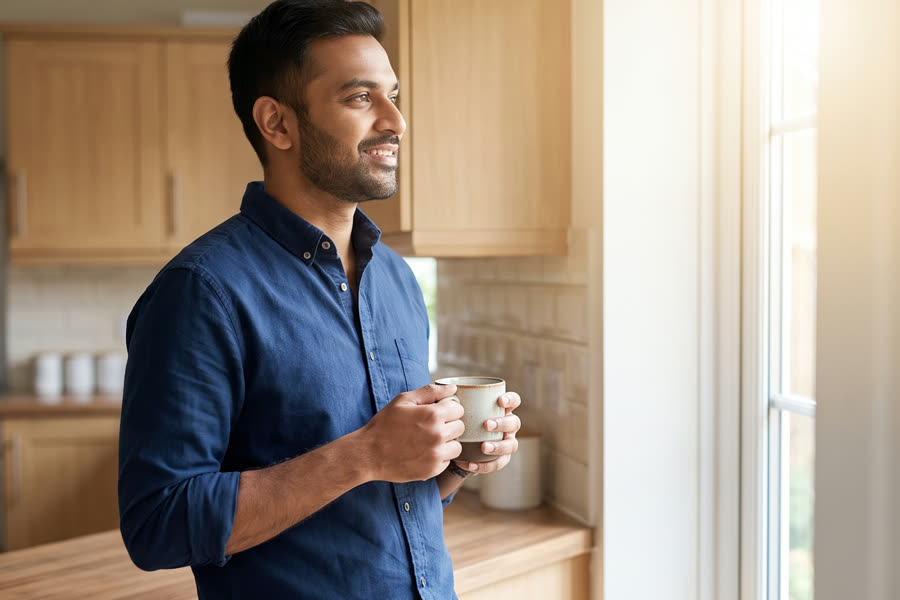 The same man leaning relaxed against the counter with a coffee, calm and at ease