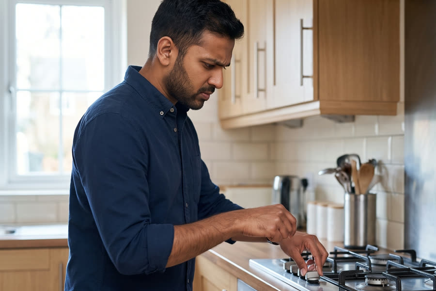 A man stands tensely at his kitchen counter, checking the stove again