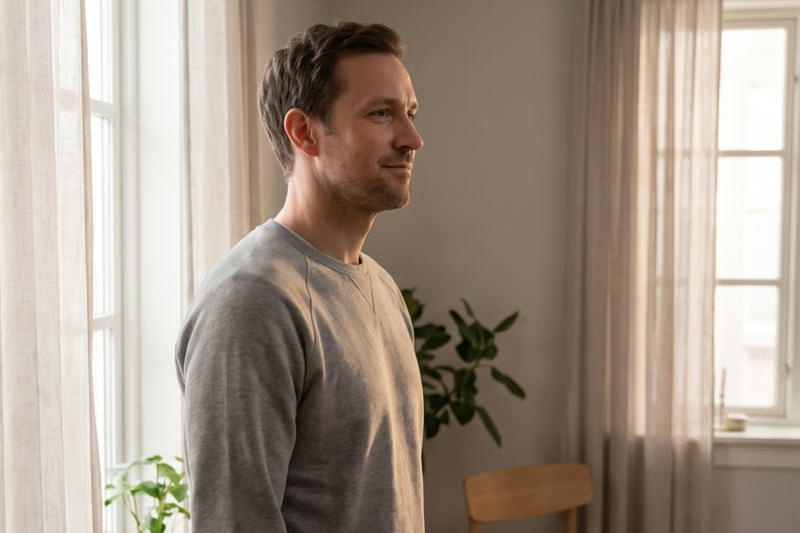 The same man standing composed by a bright window in clear morning light