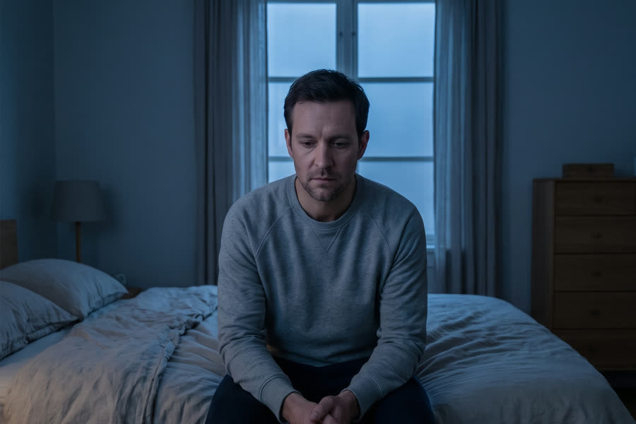A man sits quietly on the edge of his bed in dim pre-dawn light