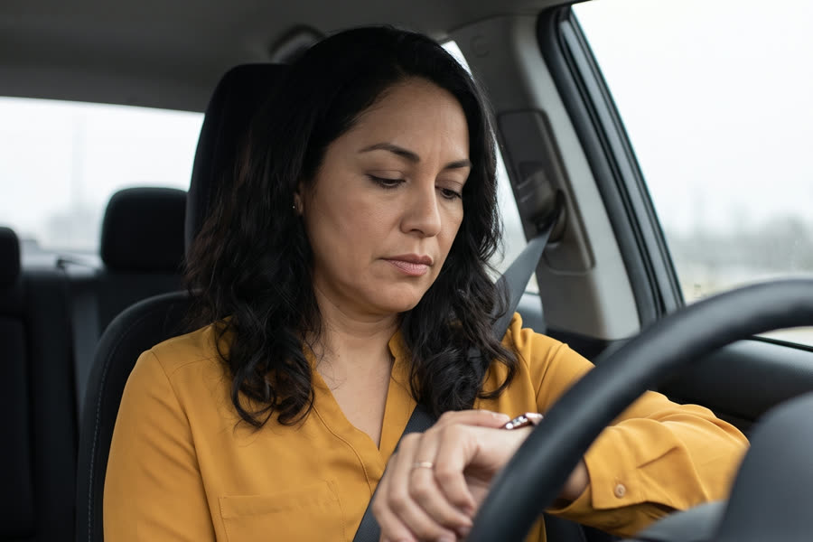 A woman checks her watch from the driver seat of a parked car, weary from the drive