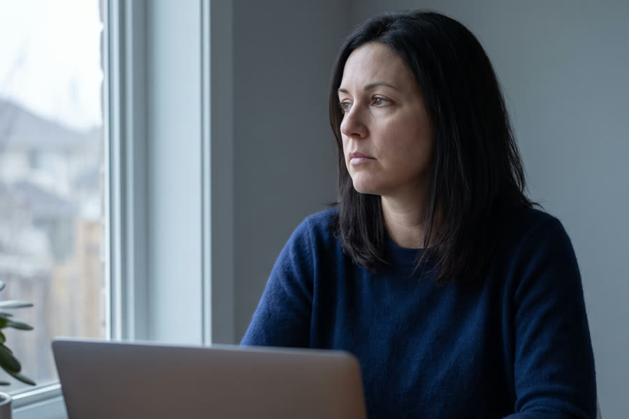 A woman gazes flatly past her laptop by a window in muted gray light