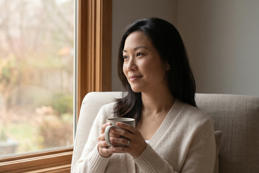 The same woman settled by the window in soft morning light, holding a cup of tea