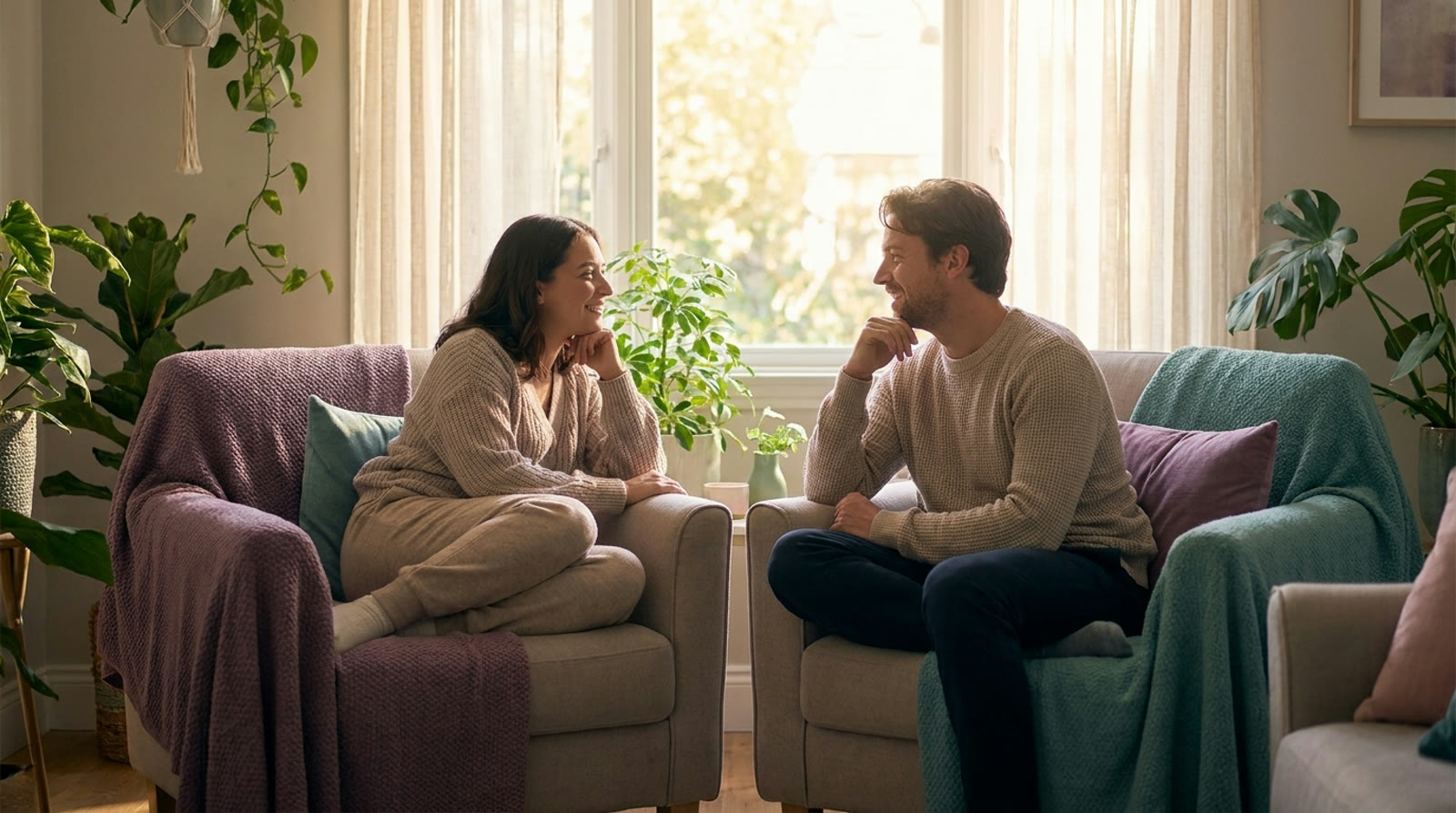 Two people in a warm, supportive conversation