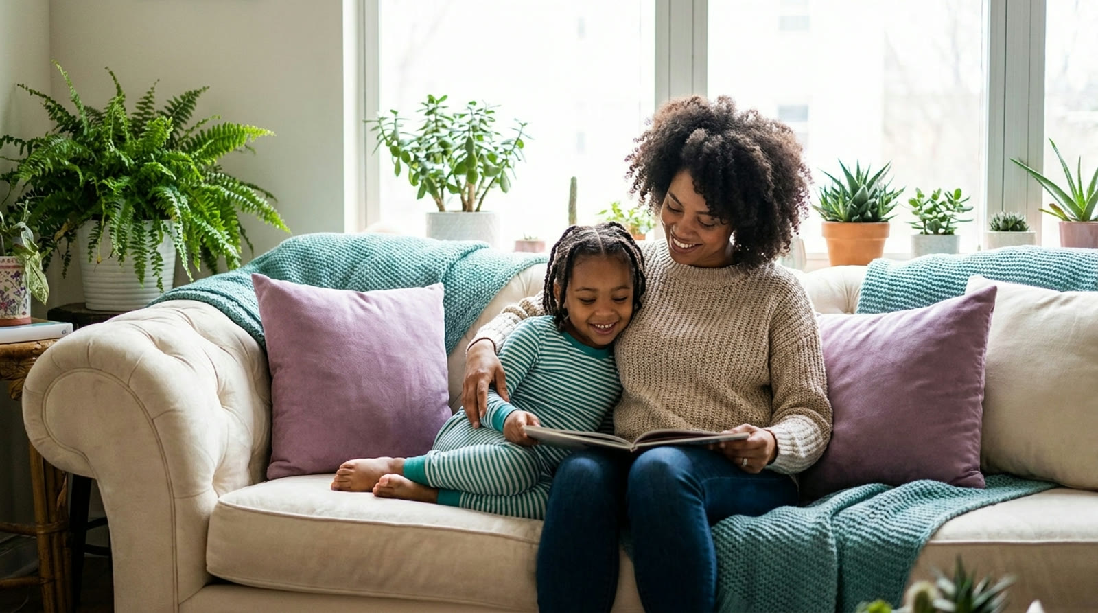 A parent and child sitting together in warm light