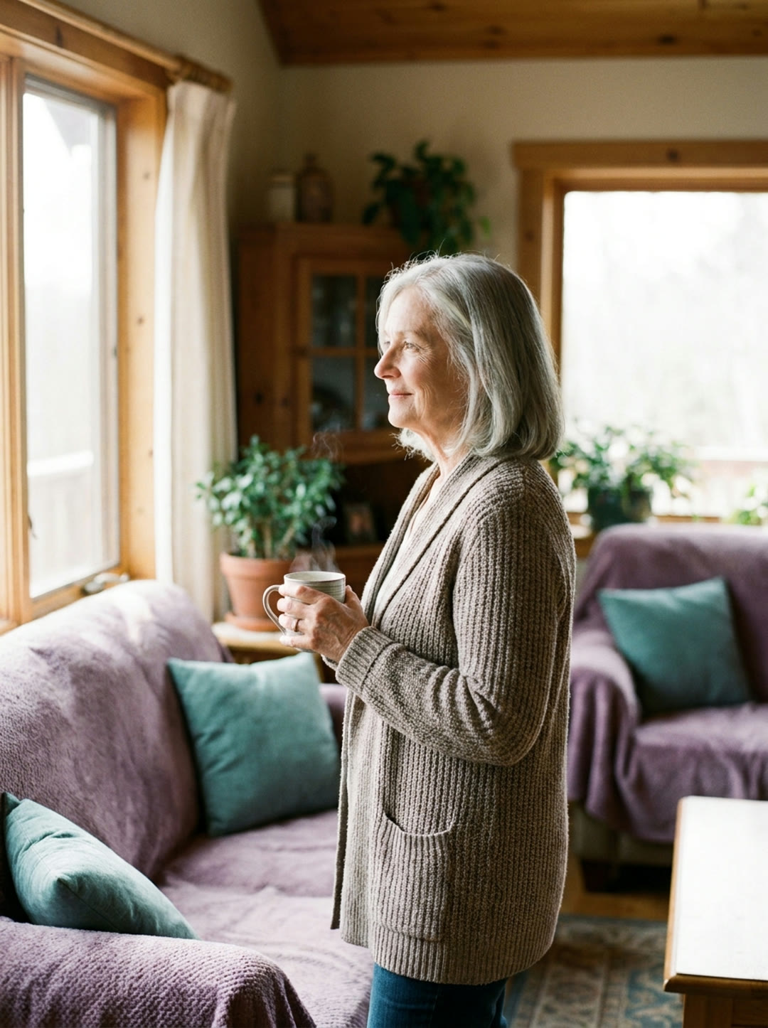 A serene older adult by a window in soft morning light