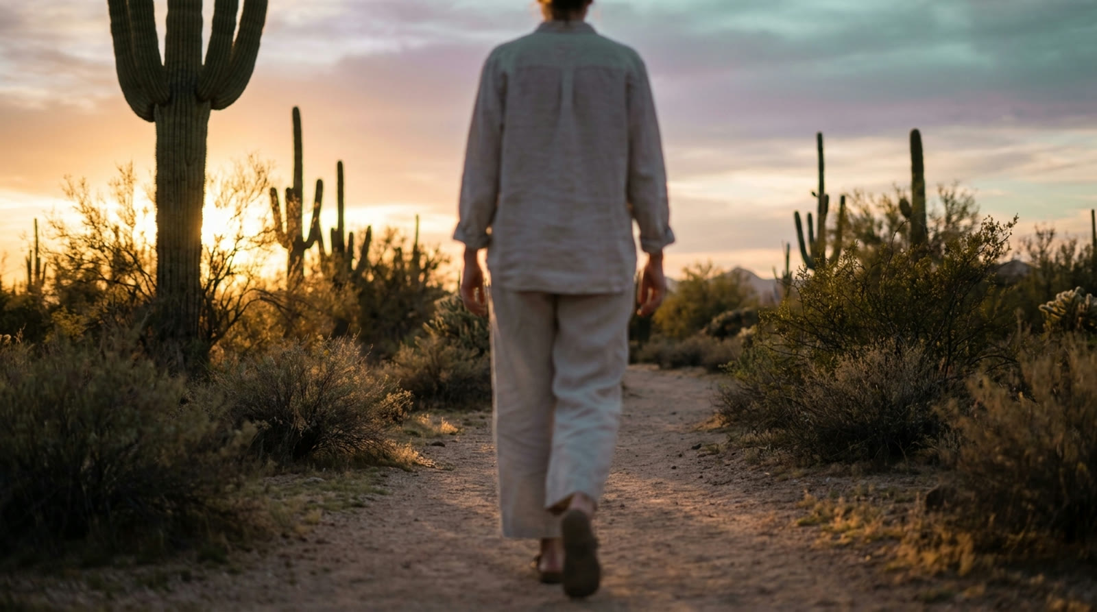 A person walking calmly outdoors at golden hour